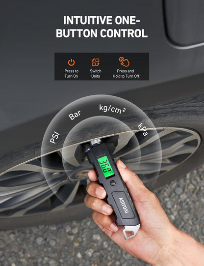 Digital Tire Pressure Gauge, 230 PSI 4 Settings Heavy Duty for Car Bicycle with Larger Backlit LCD Flashlight and Non-Slip, Black