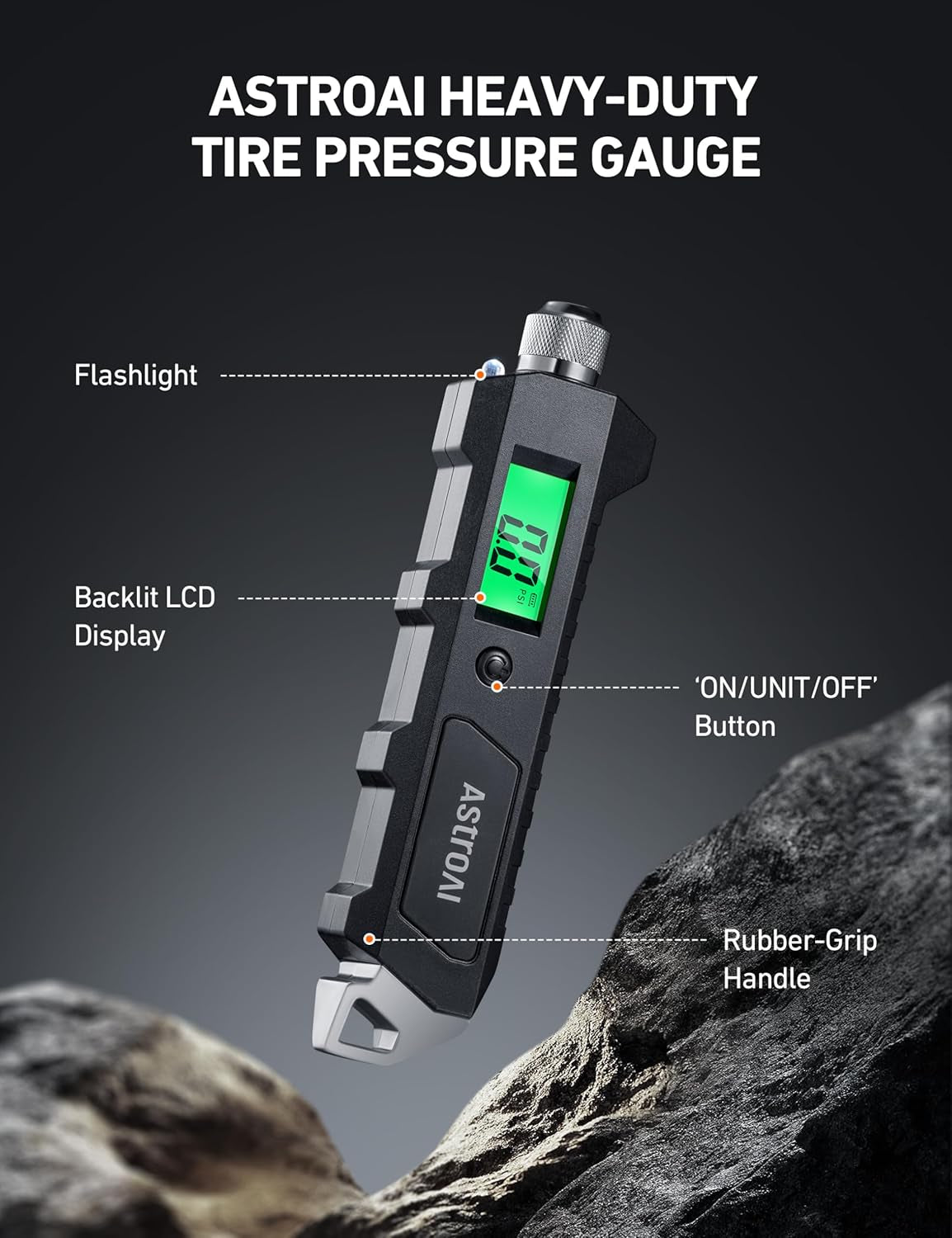 Digital Tire Pressure Gauge, 230 PSI 4 Settings Heavy Duty for Car Bicycle with Larger Backlit LCD Flashlight and Non-Slip, Black